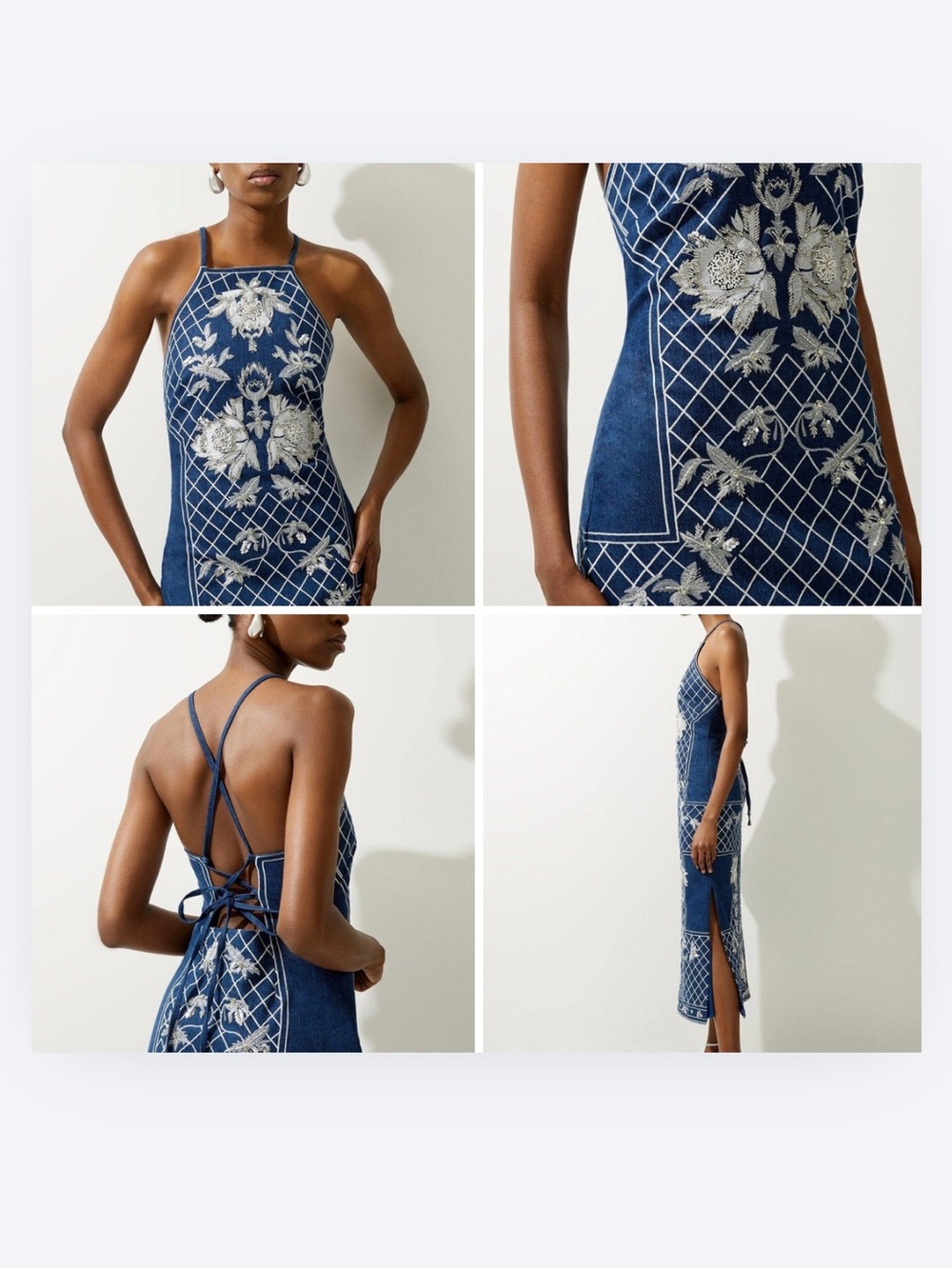 NWT Karen Millen Beaded Embellished Denim Woven Halter Midi Dress US 6 - Picture 7 of 16
